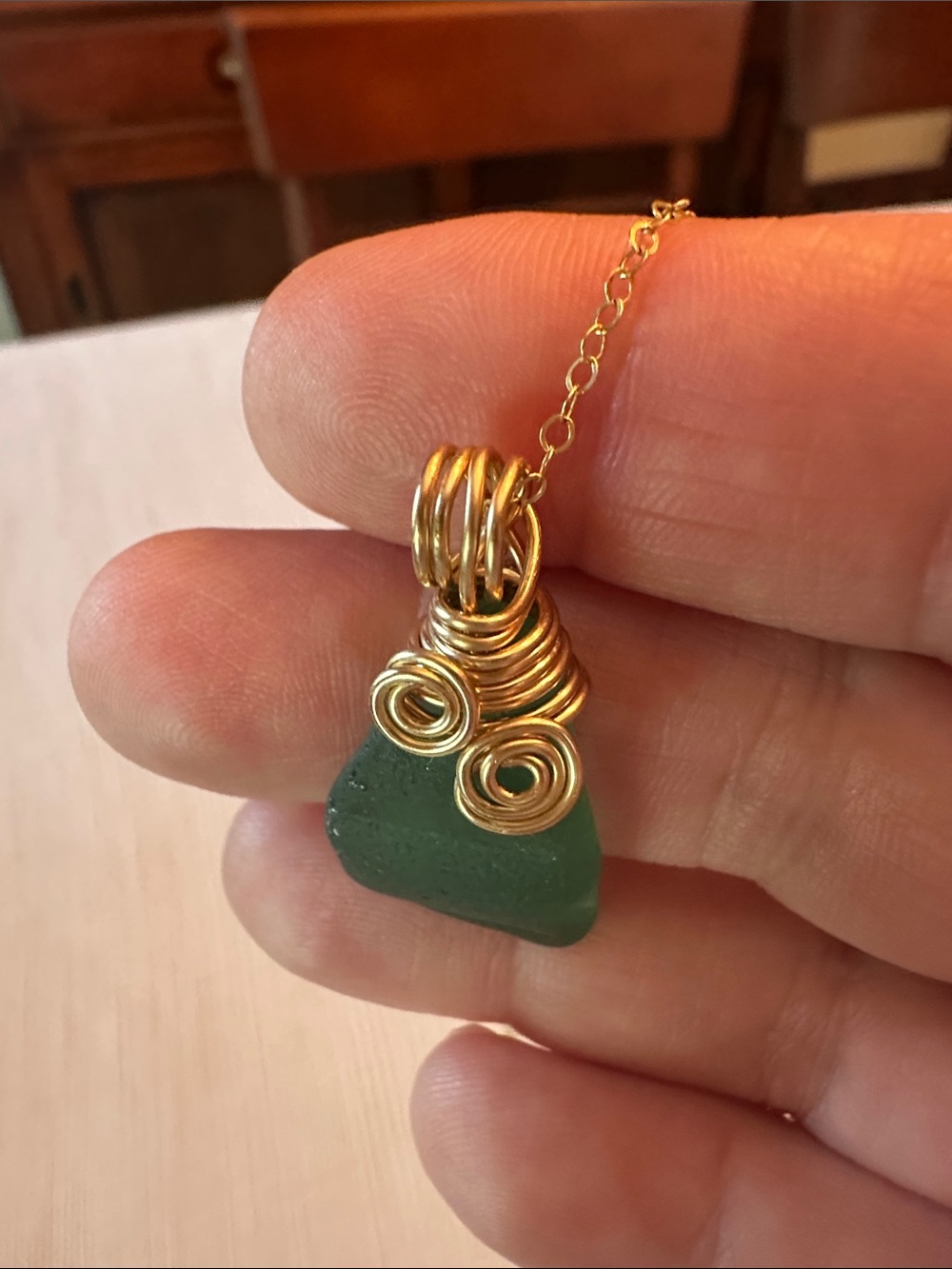 Gold-Wrapped Teal/Green Authentic Sea Glass Pendant w/gold fill chain - Picture 6 of 11